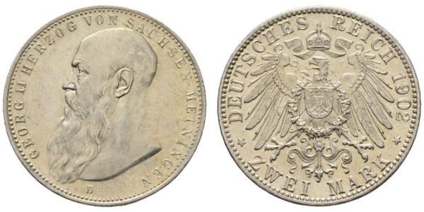 2 Mark Duchy of Saxe-Meiningen (1680 - 1918) Silver Georg II, Duke of Saxe-Meiningen