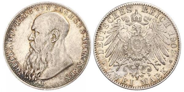 2 Mark Duchy of Saxe-Meiningen (1680 - 1918) Silver Georg II, Duke of Saxe-Meiningen