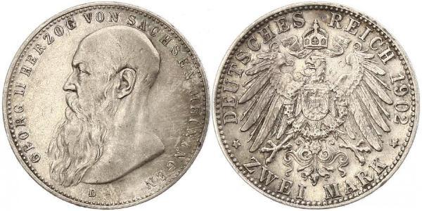 2 Mark Duchy of Saxe-Meiningen (1680 - 1918) Silver Georg II, Duke of Saxe-Meiningen