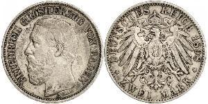 2 Mark Grand Duchy of Baden (1806-1918) Silver Frederick I, Grand Duke of Baden (1826 - 1907)