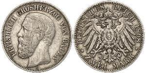 2 Mark Grand Duchy of Baden (1806-1918) Silver Frederick I, Grand Duke of Baden (1826 - 1907)