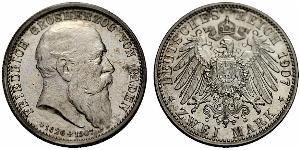 2 Mark Grand Duchy of Baden (1806-1918) Silver Frederick I, Grand Duke of Baden (1826 - 1907)