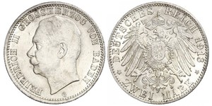 2 Mark Grand Duchy of Baden (1806-1918) Silver Frederick II, Grand Duke of Baden (1857 - 1928)