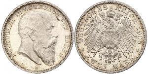 2 Mark Grand Duchy of Baden (1806-1918) Silver Frederick I, Grand Duke of Baden (1826 - 1907)