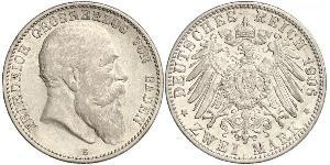 2 Mark Grand Duchy of Baden (1806-1918) Silver Frederick I, Grand Duke of Baden (1826 - 1907)