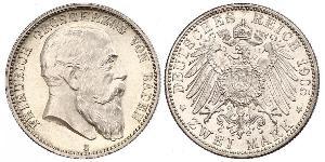 2 Mark Grand Duchy of Baden (1806-1918) Silver Frederick I, Grand Duke of Baden (1826 - 1907)