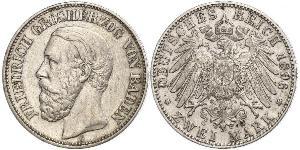 2 Mark Grand Duchy of Baden (1806-1918) Silver Frederick I, Grand Duke of Baden (1826 - 1907)