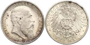 2 Mark Grand Duchy of Baden (1806-1918) Silver Frederick I, Grand Duke of Baden (1826 - 1907)