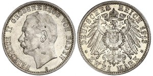 2 Mark Grand Duchy of Baden (1806-1918) Silver Frederick II, Grand Duke of Baden (1857 - 1928)