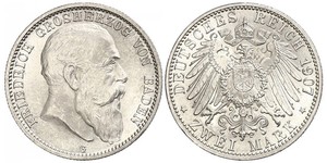 2 Mark Grand Duchy of Baden (1806-1918) Silver Frederick I, Grand Duke of Baden (1826 - 1907)