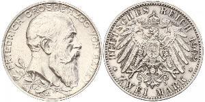 2 Mark Grand Duchy of Baden (1806-1918) Silver Frederick I, Grand Duke of Baden (1826 - 1907)