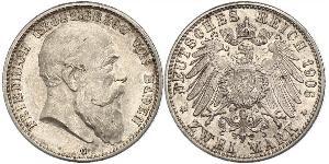 2 Mark Grand Duchy of Baden (1806-1918) Silver Frederick I, Grand Duke of Baden (1826 - 1907)