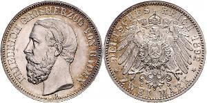 2 Mark Grand Duchy of Baden (1806-1918) Silver Frederick I, Grand Duke of Baden (1826 - 1907)