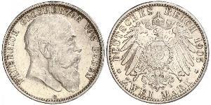 2 Mark Grand Duchy of Baden (1806-1918) Silver Frederick I, Grand Duke of Baden (1826 - 1907)