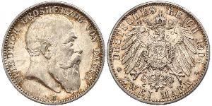 2 Mark Grand Duchy of Baden (1806-1918) Silver Frederick I, Grand Duke of Baden (1826 - 1907)