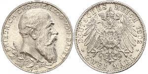 2 Mark Grand Duchy of Baden (1806-1918) Silver Frederick I, Grand Duke of Baden (1826 - 1907)