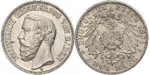 2 Mark Grand Duchy of Baden (1806-1918) Silver Frederick I, Grand Duke of Baden (1826 - 1907)