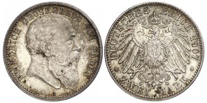 2 Mark Grand Duchy of Baden (1806-1918) Silver Frederick I, Grand Duke of Baden (1826 - 1907)