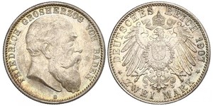 2 Mark Grand Duchy of Baden (1806-1918) Silver Frederick I, Grand Duke of Baden (1826 - 1907)