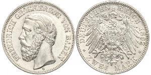 2 Mark Grand Duchy of Baden (1806-1918) Silver Frederick I, Grand Duke of Baden (1826 - 1907)