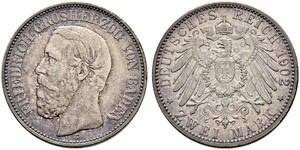 2 Mark Grand Duchy of Baden (1806-1918) Silver Frederick I, Grand Duke of Baden (1826 - 1907)