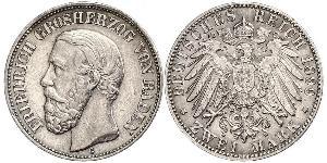 2 Mark Grand Duchy of Baden (1806-1918) Silver Frederick I, Grand Duke of Baden (1826 - 1907)