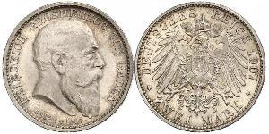 2 Mark Grand Duchy of Baden (1806-1918) Silver Frederick I, Grand Duke of Baden (1826 - 1907)