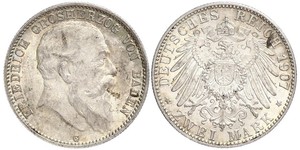 2 Mark Grand Duchy of Baden (1806-1918) Silver Frederick I, Grand Duke of Baden (1826 - 1907)