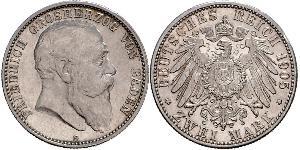 2 Mark Grand Duchy of Baden (1806-1918) Silver Frederick I, Grand Duke of Baden (1826 - 1907)