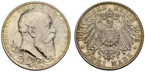 2 Mark Grand Duchy of Baden (1806-1918) Silver Frederick I, Grand Duke of Baden (1826 - 1907)