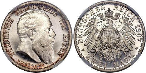 2 Mark Grand Duchy of Baden (1806-1918) Silver Frederick I, Grand Duke of Baden (1826 - 1907)