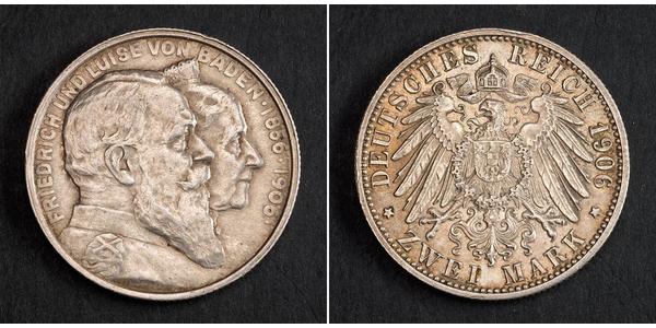 2 Mark Grand Duchy of Baden (1806-1918) Silver Frederick I, Grand Duke of Baden (1826 - 1907)