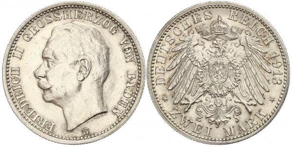 2 Mark Grand Duchy of Baden (1806-1918) Silver Frederick II, Grand Duke of Baden (1857 - 1928)