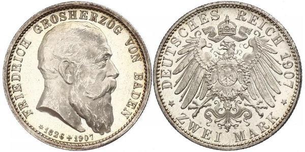 2 Mark Grand Duchy of Baden (1806-1918) Silver Frederick I, Grand Duke of Baden (1826 - 1907)
