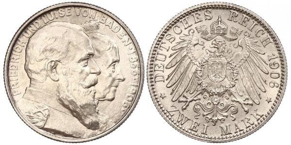 2 Mark Grand Duchy of Baden (1806-1918) Silver Frederick I, Grand Duke of Baden (1826 - 1907)