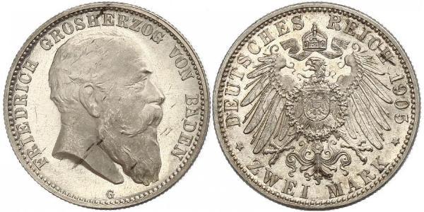 2 Mark Grand Duchy of Baden (1806-1918) Silver Frederick I, Grand Duke of Baden (1826 - 1907)