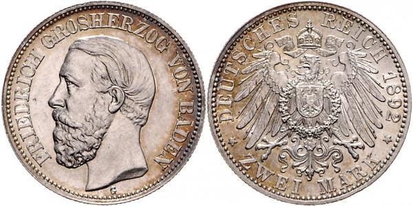 2 Mark Grand Duchy of Baden (1806-1918) Silver Frederick I, Grand Duke of Baden (1826 - 1907)