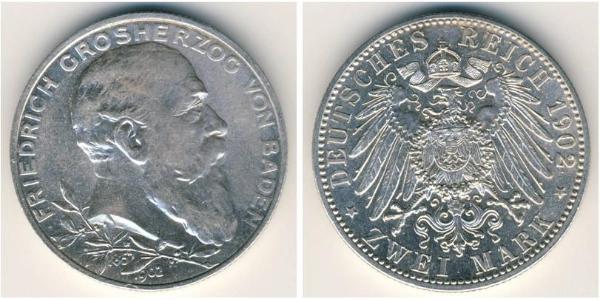 2 Mark Grand Duchy of Baden (1806-1918) Silver Frederick I, Grand Duke of Baden (1826 - 1907)