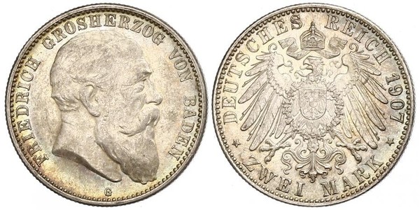2 Mark Grand Duchy of Baden (1806-1918) Silver Frederick I, Grand Duke of Baden (1826 - 1907)