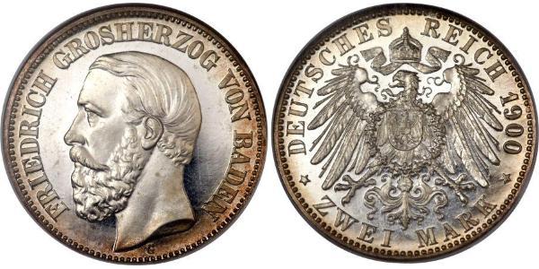 2 Mark Grand Duchy of Baden (1806-1918) Silver Frederick I, Grand Duke of Baden (1826 - 1907)