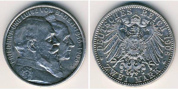 2 Mark Grand Duchy of Baden (1806-1918) Silver Frederick I, Grand Duke of Baden (1826 - 1907)