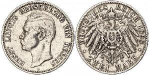 2 Mark Grand Duchy of Hesse (1806 - 1918) Silver Ernest Louis, Grand Duke of Hesse (1868 - 1937)