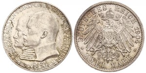 2 Mark Grand Duchy of Hesse (1806 - 1918) Silver Ernest Louis, Grand Duke of Hesse (1868 - 1937)