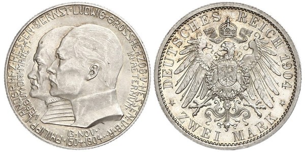 2 Mark Grand Duchy of Hesse (1806 - 1918) Silver Ernest Louis, Grand Duke of Hesse (1868 - 1937)