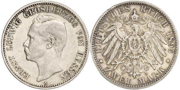 2 Mark Grand Duchy of Hesse (1806 - 1918) Silver Ernest Louis, Grand Duke of Hesse (1868 - 1937)