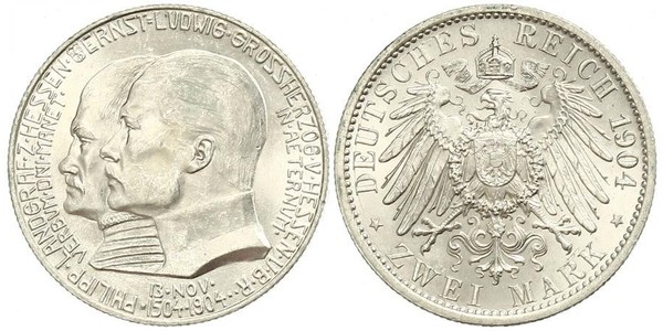 2 Mark Grand Duchy of Hesse (1806 - 1918) Silver Ernest Louis, Grand Duke of Hesse (1868 - 1937)