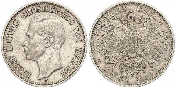 2 Mark Grand Duchy of Hesse (1806 - 1918) Silver Ernest Louis, Grand Duke of Hesse (1868 - 1937)