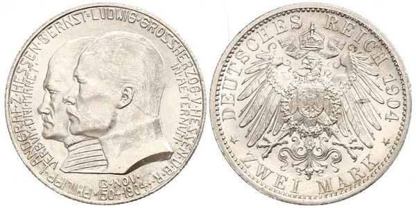 2 Mark Grand Duchy of Hesse (1806 - 1918) Silver Ernest Louis, Grand Duke of Hesse (1868 - 1937)