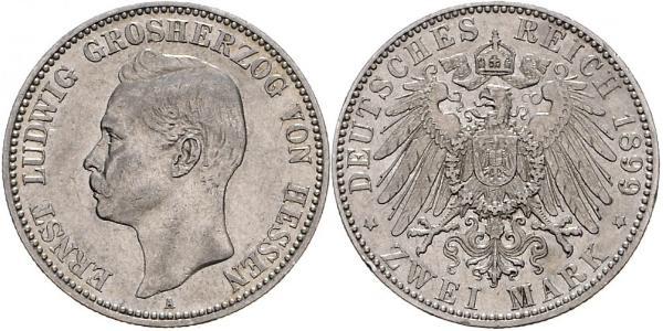 2 Mark Grand Duchy of Hesse (1806 - 1918) Silver Ernest Louis, Grand Duke of Hesse (1868 - 1937)