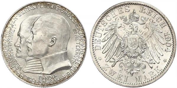 2 Mark Grand Duchy of Hesse (1806 - 1918) Silver Ernest Louis, Grand Duke of Hesse (1868 - 1937)